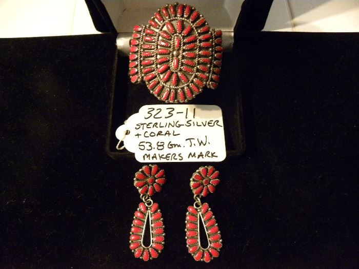 Sterling Silver & Coral Bracelet & Earring Set