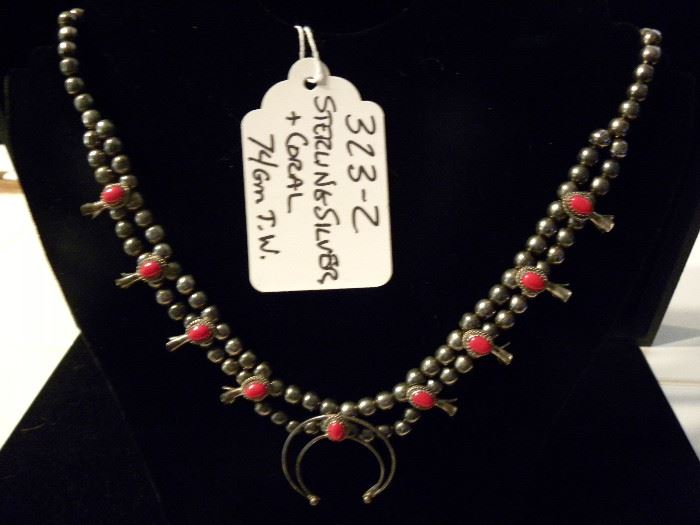 Sterling Silver & Coral Squash Blossom Necklace