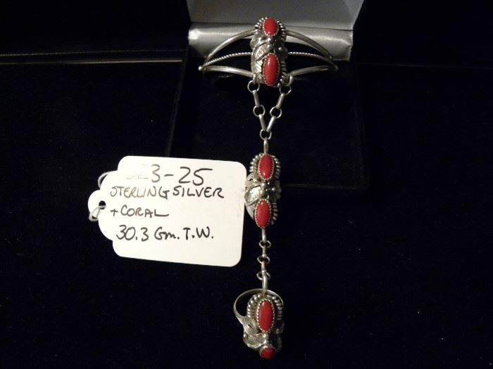 Sterling Silver & Coral Bracelet, Ring