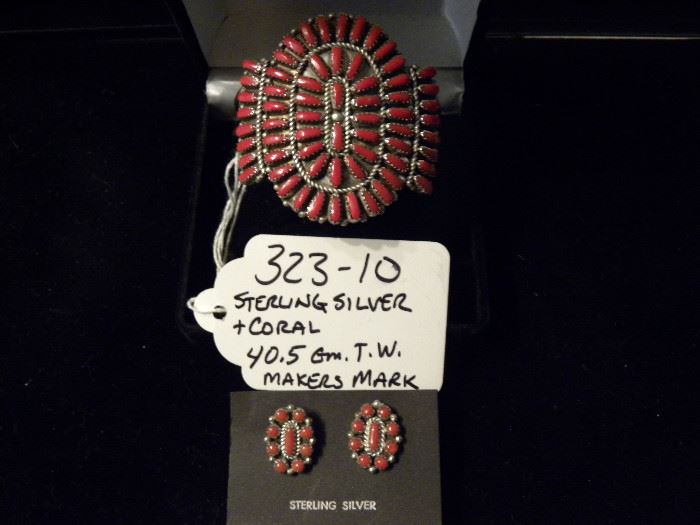 Sterling Silver & Coral Cuff Bracelet & Earring Set w/Makers Mark