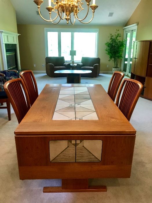 Gorgeous Teak Dining Room Table and 6 Chairs, Tile Inlay.  Great Condition!