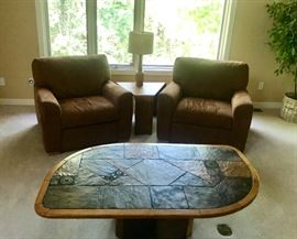 Made in South Africa, trimmed in teak.  Slate top coffee table