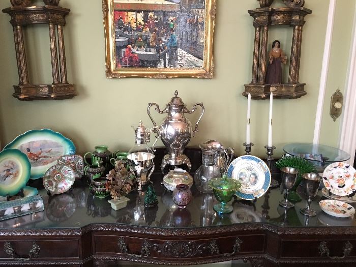 Various Collectibles Including Porcelains, Jade Items, Art Glass & Silver Plated Samovar