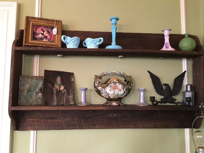 Antique Wall Shelf, Majolica, Turquoise Milk Glass & Antique Religious Art