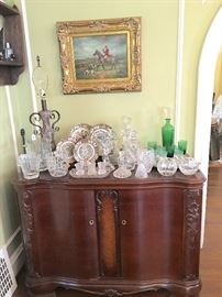Antique Buffet Cabinet, Crystal & Decanters