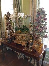 Antique Tole Centerpieces and Large Gilded Wood Centerpiece with Orchids