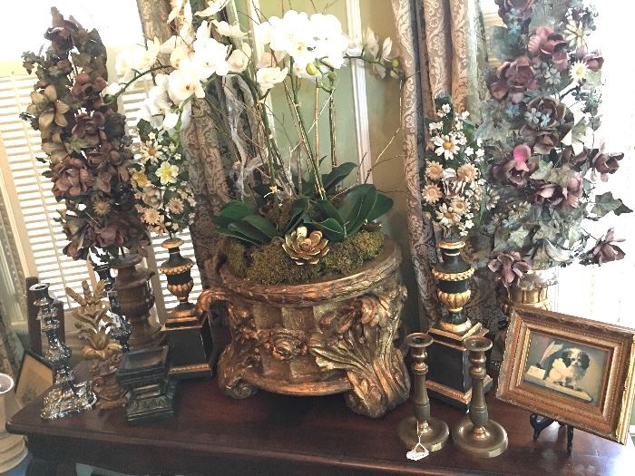 Fabulous Oversized Gilt Wood Planter with Orchids & Tole Centerpieces