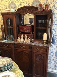 Antique Hutch with Original Beveled Glass Doors & Mirror and Marble Top