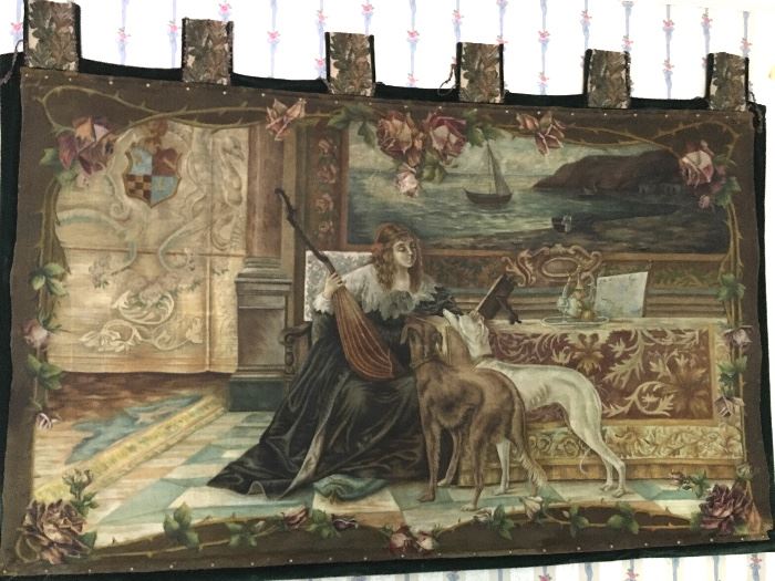 Mid 19th. c  "Cartoon" Tapestry - Painted "Tapestry".  Woman with Lute & Dogs