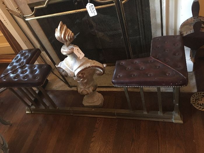Brass & Leather Fireplace Fender Bench