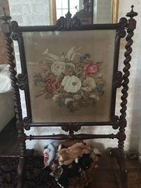 Antique English Barley Twist & Embroidery Panel Screen for Fireplace