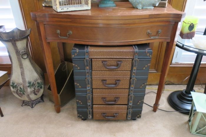Vintage flip top card/game table.  Faux luggage small chest of drawers.