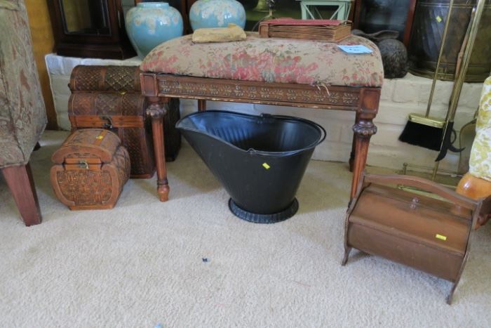 Vintage coal bucket and vintage sewing box