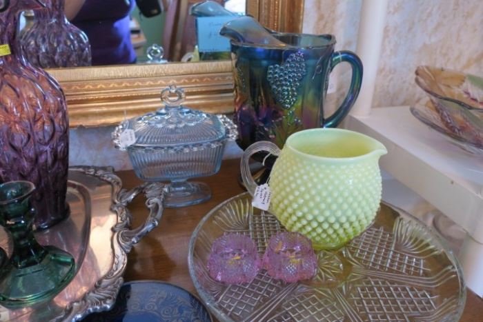 Indiana Lace Edge Compote w/lid, Indiana Harvest Grapes Carnival Pitcher, Fenton Hobnail Pitcher