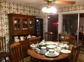 Dining Table, chairs, pretty glass & dishes