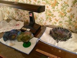 Carnival glass, vintage office desk lamp