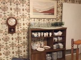 Dishes, clock, art print, glassware