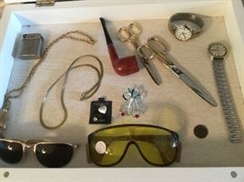 Beattie jet lighter, vintage aviator glasses, w. Germany glasses, good scissors, Seiko automatic watch, Timex