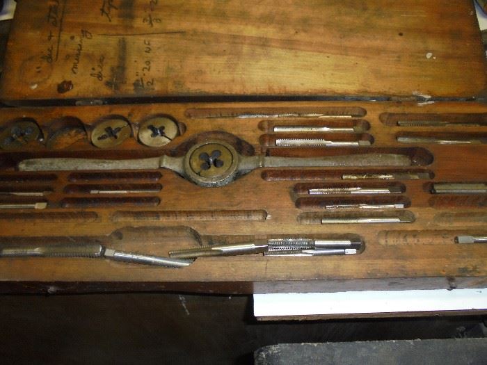 Vintage wood tool box w/die tap set