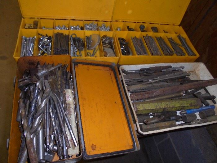 Various drill bits, punches, antique square nails etc