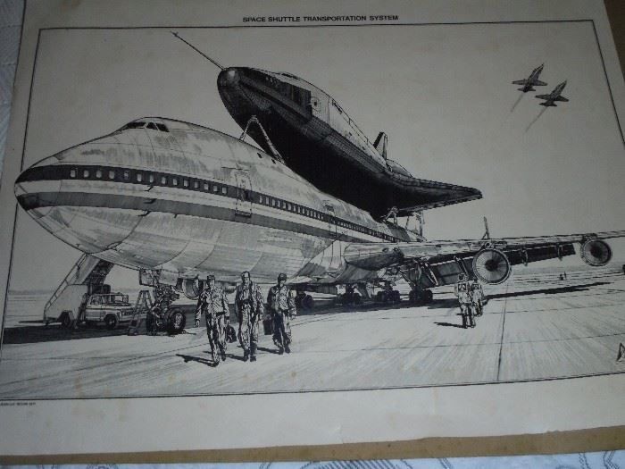 Space Shuttle transportation system drawing by Jean Luc Beghin  1977  Edwards AFB
