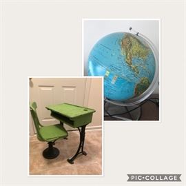 Vintage school desk/ chair and light-up globe