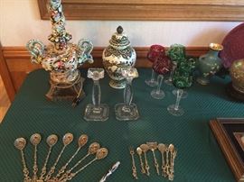 Italian silverplate spoons, Capi de Monte Lamp. Nice Cut Red ,Green Wines.
