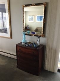 Nice chest of drawers, Beveled mirror, Fenton like vase, Art glass paper weights, oil candle, Light house night light