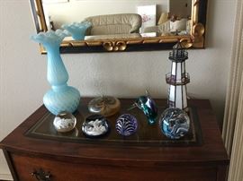 Fenton like vase, Art glass paper weights, Whale, Oil candle, Light house night light