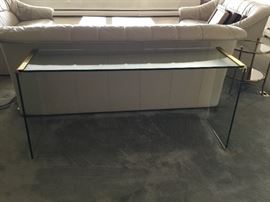Glass and Brass Sofa Table - (Right glass leg glass panel needs replacing , damage to lower right leg)