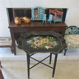 Tole tray table, old doll furniture, wooden shoes