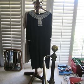 Old wood clothes tree, mirror, some vintage clothing