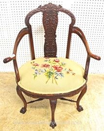 BEAUTIFUL ANTIQUE Fancy Carved Mahogany Needlepoint Ball and Claw Chair
Located Inside – Auction Estimate $100-$300
