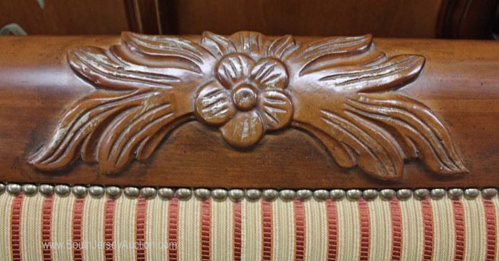 Contemporary Mahogany Carved Frame Upholstered Sofa with Throw Pillows
Located Inside – Auction Estimate $200-$400
