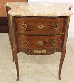 PAIR of ANTIQUE PERIOD French Marble Top 2 Drawer Mahogany Inlaid and Banded Night Stand with Applied Bronze
Located Inside – Auction Estimate $400-$800
