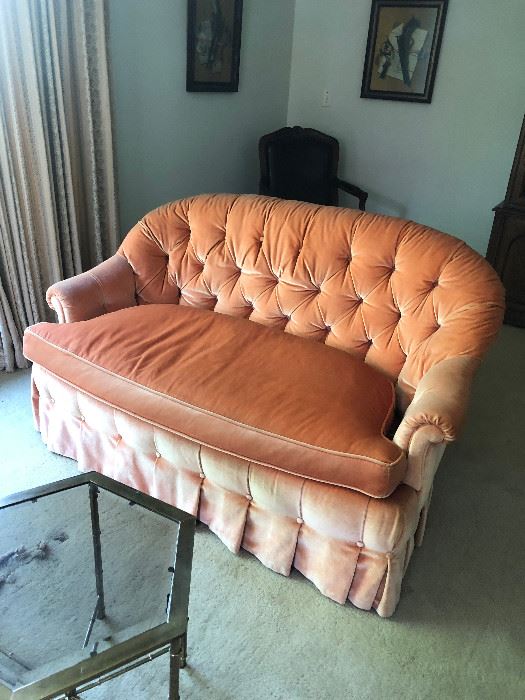 a Pair of Salmon Velvet Settee