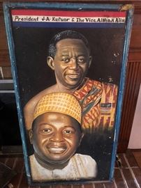 Circa 1960 Painting on Board President J. A. Kufuor & Vice President Alahji Aliu Ghana,  John Kofi Agyekum Kufuor (born 8 December 1938) is a Ghanaian politician who was President of Ghana from 7 January 2001 to 7 January 2009. He was also Chairperson of the African Union from 2007 to 2008. His victory over John Evans Atta Mills after the end of Jerry Rawlings' second term marked the first peaceful democratic transition of power in Ghana since independence in 1957.

Kufuor's career has been spent on the liberal-democratic side of Ghanaian politics, in the parties descended from the United Gold Coast Convention and the United Party. He was a minister in Kofi Abrefa Busia's Progress Party government during Ghana's Second Republic, and a Popular Front Party opposition frontbencher during the Third Republic. In the Fourth Republic he stood as the New Patriotic Party's candidate at the 1996 election, and then led it to victory in 2000 and 2004. Having served two terms, in 2008 he was no lon