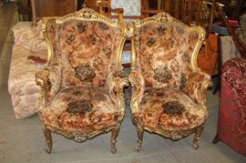 Pair of Gold Louis XV Style Wing Chairs