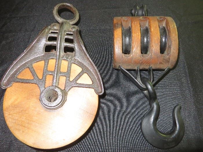 CAST IRON AND WOOD PULLEY
 WOODEN TRIPLE PULLEY WITH HOOK
