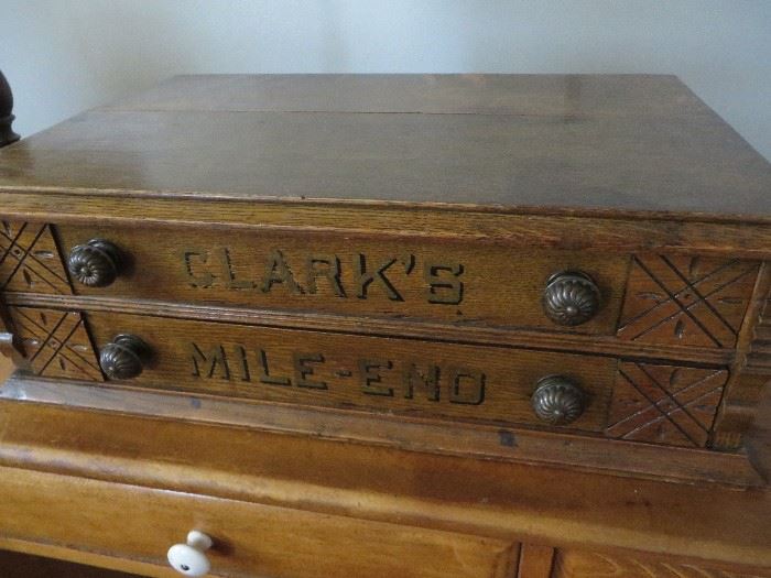 Antique Clark's Oak Wood 2 Drawer Sewing Spool Box /Chest
