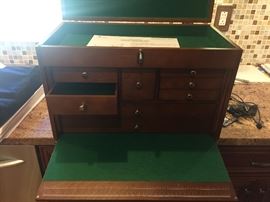 Details of felt lined oak tool chest