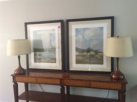 Pair of contemporary copper colored lamps and pair of limited edition prints