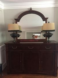 Beautiful Bernhardt Buffet, great mirror and pair of metal handled urn lamps