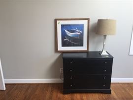 Small black Bombay dresser, nautical art, small contemporary brushed silver lamp