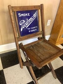 Authentic antique enamel (on front/back) Piedmont cigarette advertising  folding wood chair 