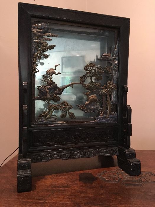 Antique Chinese Aquarium with Bronze and Cloisonné  Applique:  on Teak Stand; Lights; 24" Tall X 20" Wide