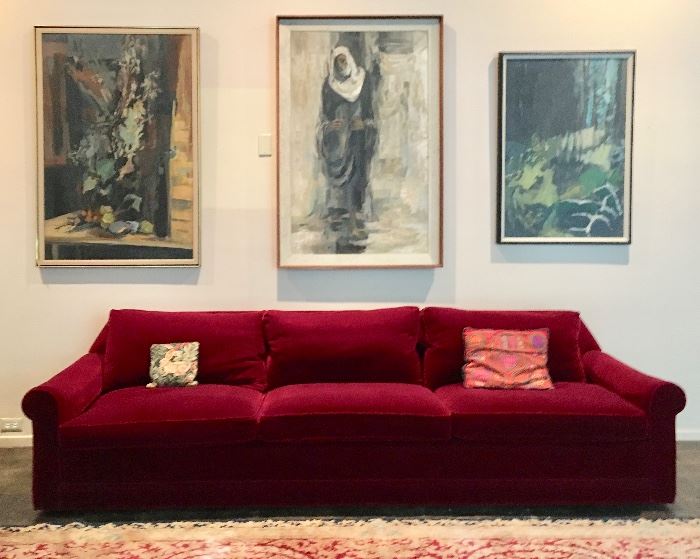 "Movie-Theater-Red" Mohair Sofa, Approximately 8' ; .