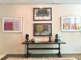 Works by Augusto Ranocchi over Early 20th Century  Hand-Hewn Trestle Table, 8' Long holding objects.