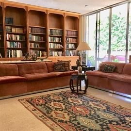 Mid-Century Sofas;  Kilim, 4 1/2' X 8'; Chinese Stand with Burl Top