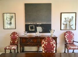 Modern Abstract by Augusto Ranocchi flanked by Mixed Media works by Delores Yonker over Mediterranean Villa Side Board Server and Silver  